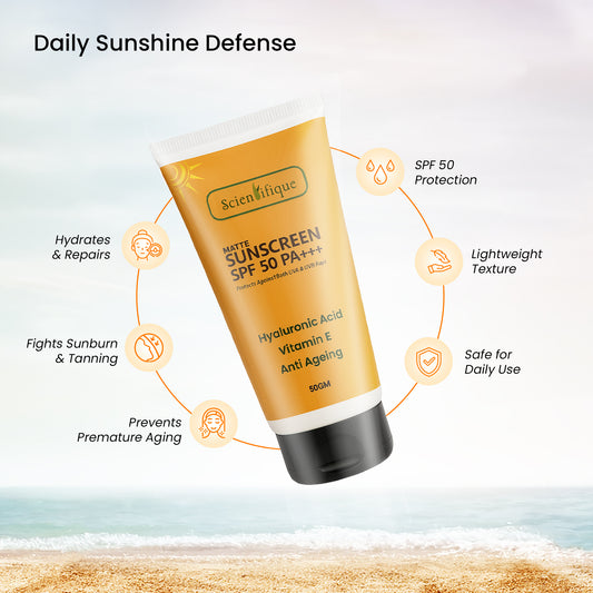 SCIENTIFIQUE Matte Sunscreen SPF 50 PA+++ with Hyaluronic Acid, Vitamin E, Niacinamide, Kojic Acid, Broad Spectrum UV Protection, Anti-Ageing, 50g