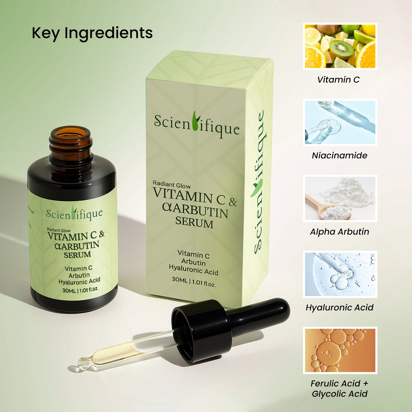 SCIENTIFIQUE Vitamin C & Arbutin Face Serum with Niacinamide – Brightening, Anti-Aging | Reduces Dark Spots, Fine Lines & Pigmentation | 30ml