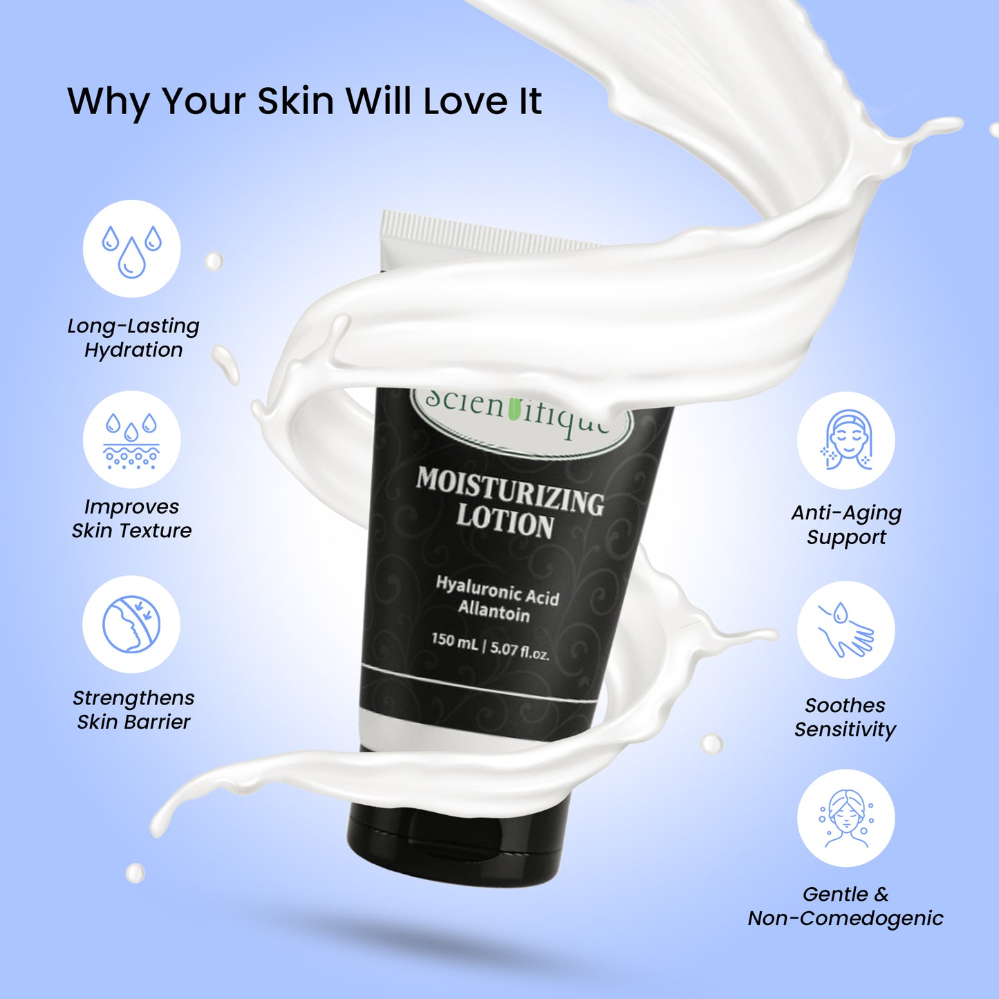 SCIENTIFIQUE Moisturizing Lotion with Vitamin E, Allantoin & Hyaluronic Acid  – Deep Hydration, Soothing & Anti-Aging Face & Body Moisturizer – 150ml