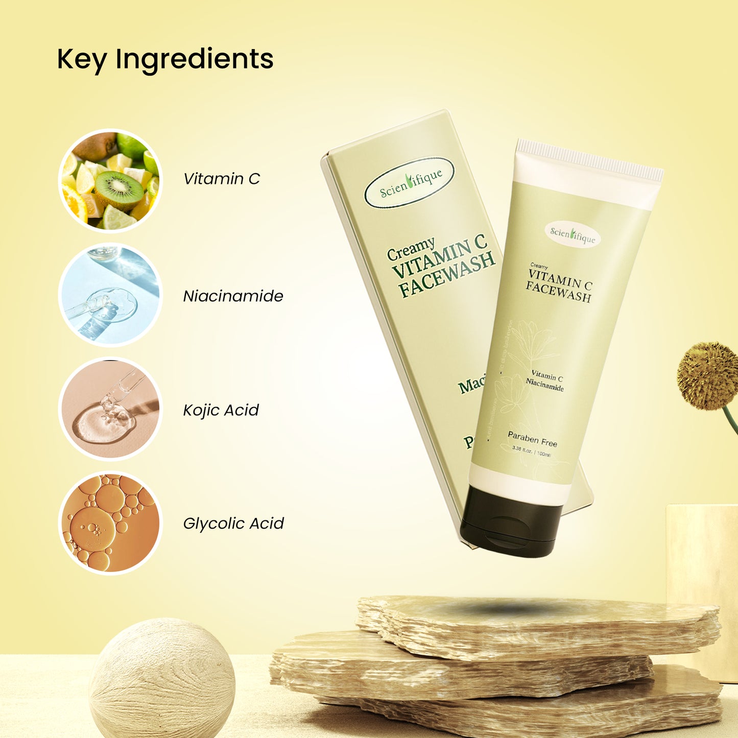 SCIENTIFIQUE Creamy Vitamin C Facewash – Brightening & Deep Cleansing Formula | With Niacinamide, Kojic Acid | Fights Acne, Unclogs Pores, 100m