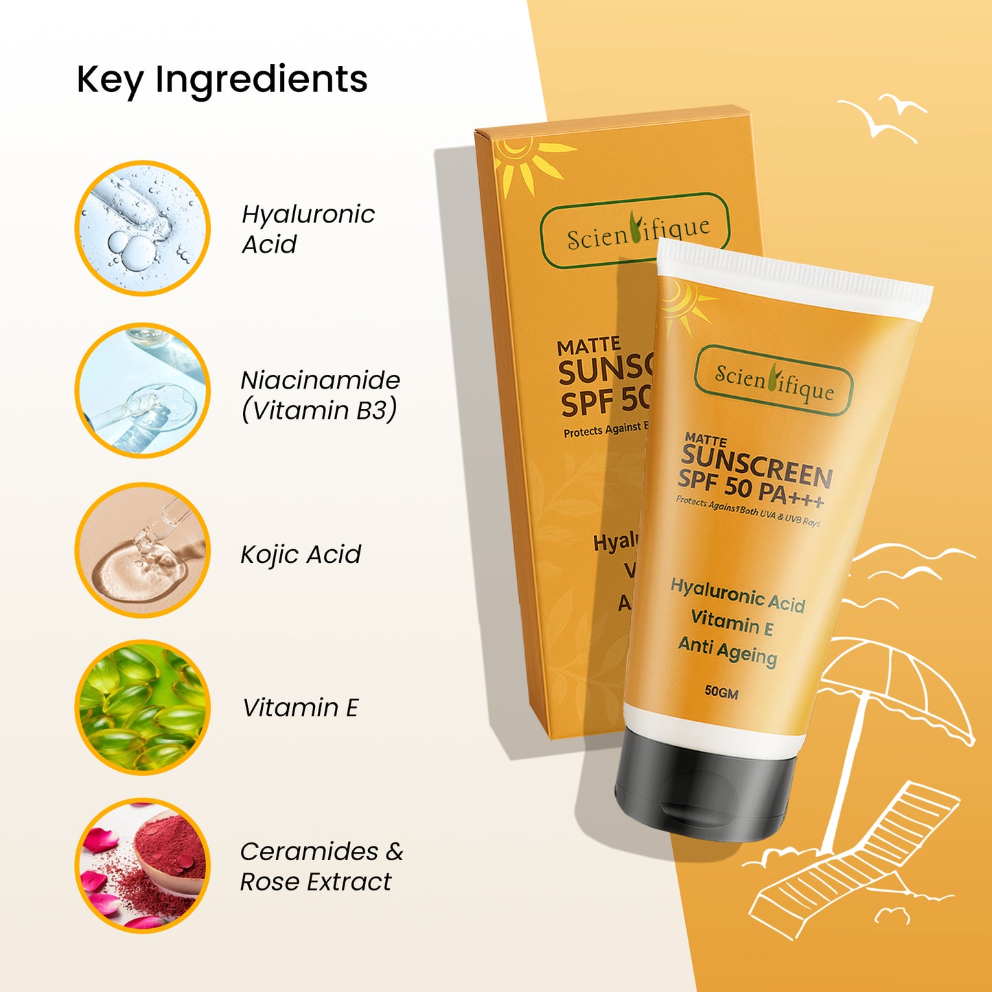 SCIENTIFIQUE Matte Sunscreen SPF 50 PA+++ with Hyaluronic Acid, Vitamin E, Niacinamide, Kojic Acid, Broad Spectrum UV Protection, Anti-Ageing, 50g