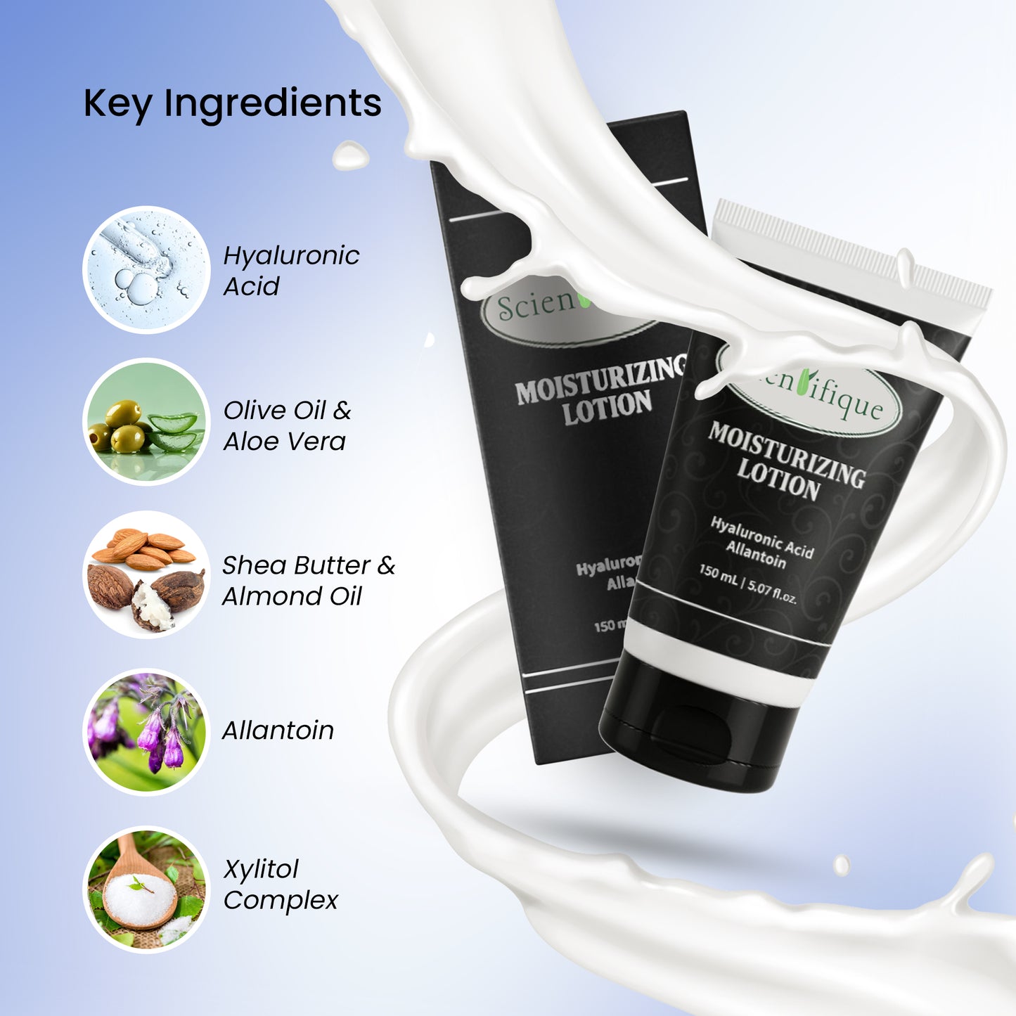SCIENTIFIQUE Moisturizing Lotion with Vitamin E, Allantoin & Hyaluronic Acid  – Deep Hydration, Soothing & Anti-Aging Face & Body Moisturizer – 150ml