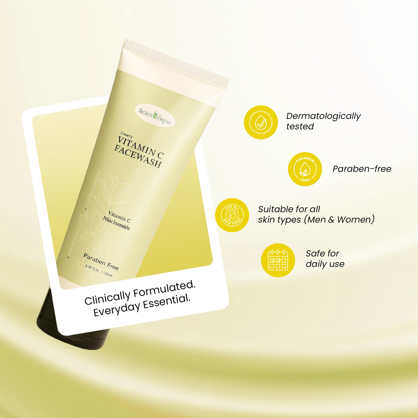 SCIENTIFIQUE Creamy Vitamin C Facewash – Brightening & Deep Cleansing Formula | With Niacinamide, Kojic Acid | Fights Acne, Unclogs Pores, 100m