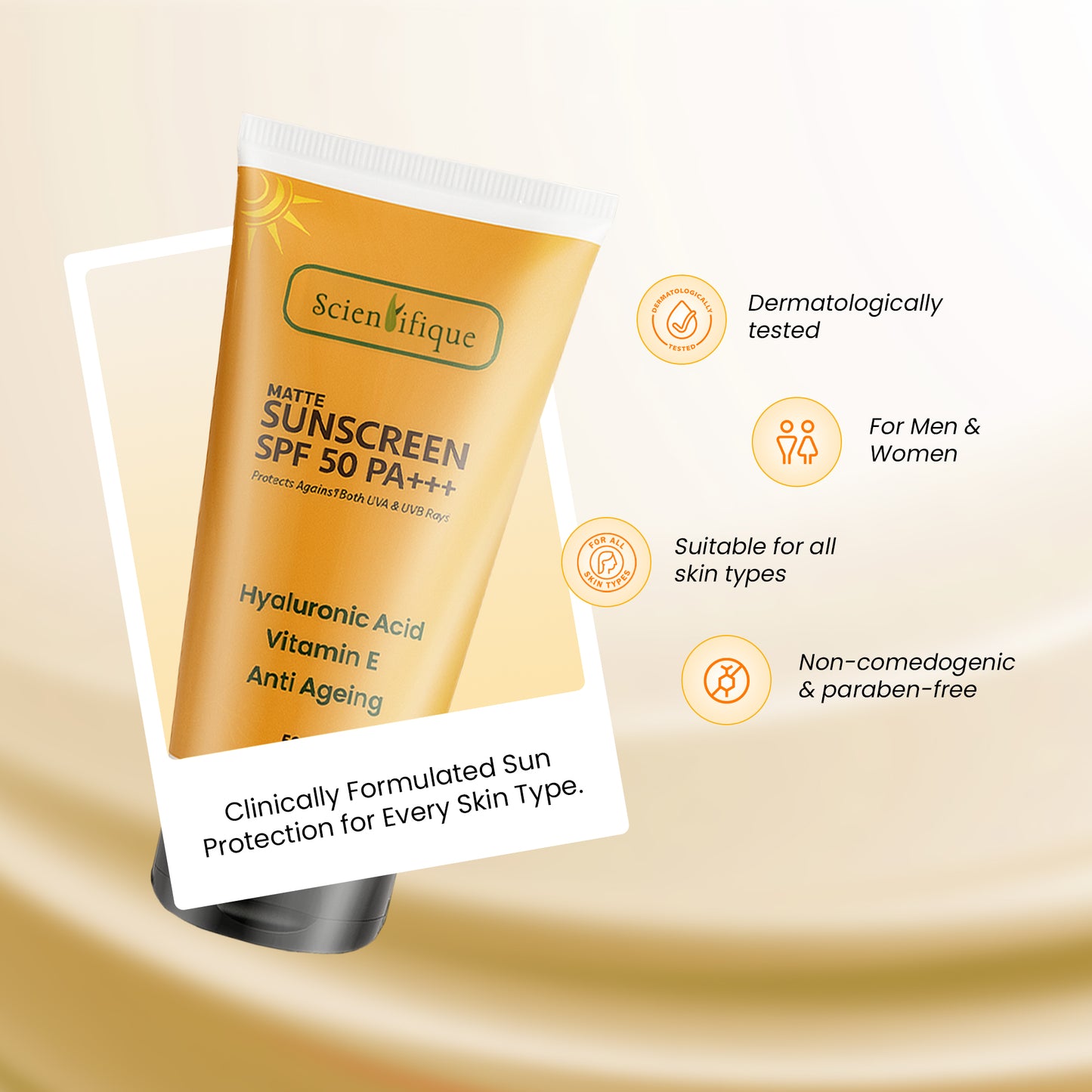 SCIENTIFIQUE Matte Sunscreen SPF 50 PA+++ with Hyaluronic Acid, Vitamin E, Niacinamide, Kojic Acid, Broad Spectrum UV Protection, Anti-Ageing, 50g