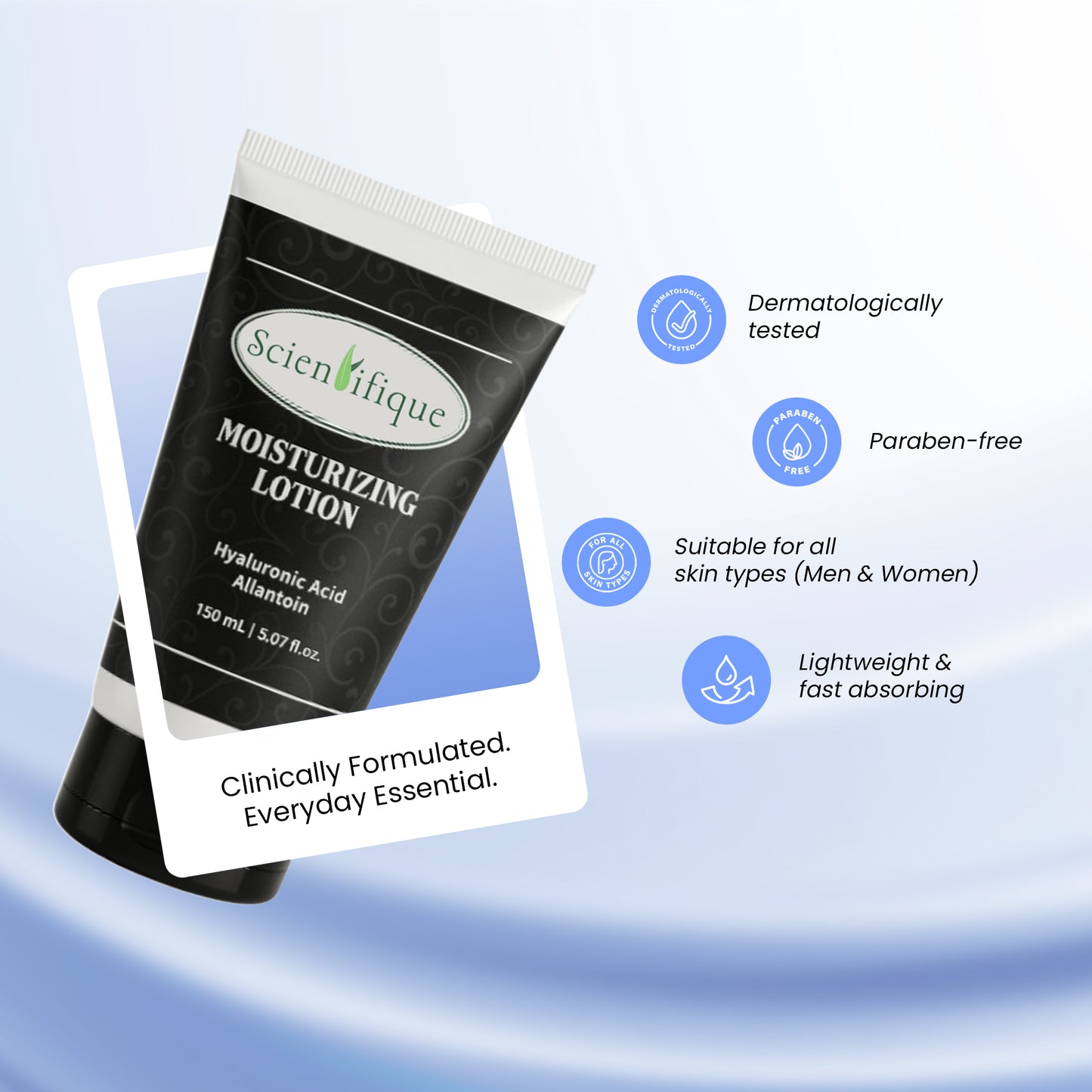 SCIENTIFIQUE Moisturizing Lotion with Vitamin E, Allantoin & Hyaluronic Acid  – Deep Hydration, Soothing & Anti-Aging Face & Body Moisturizer – 150ml