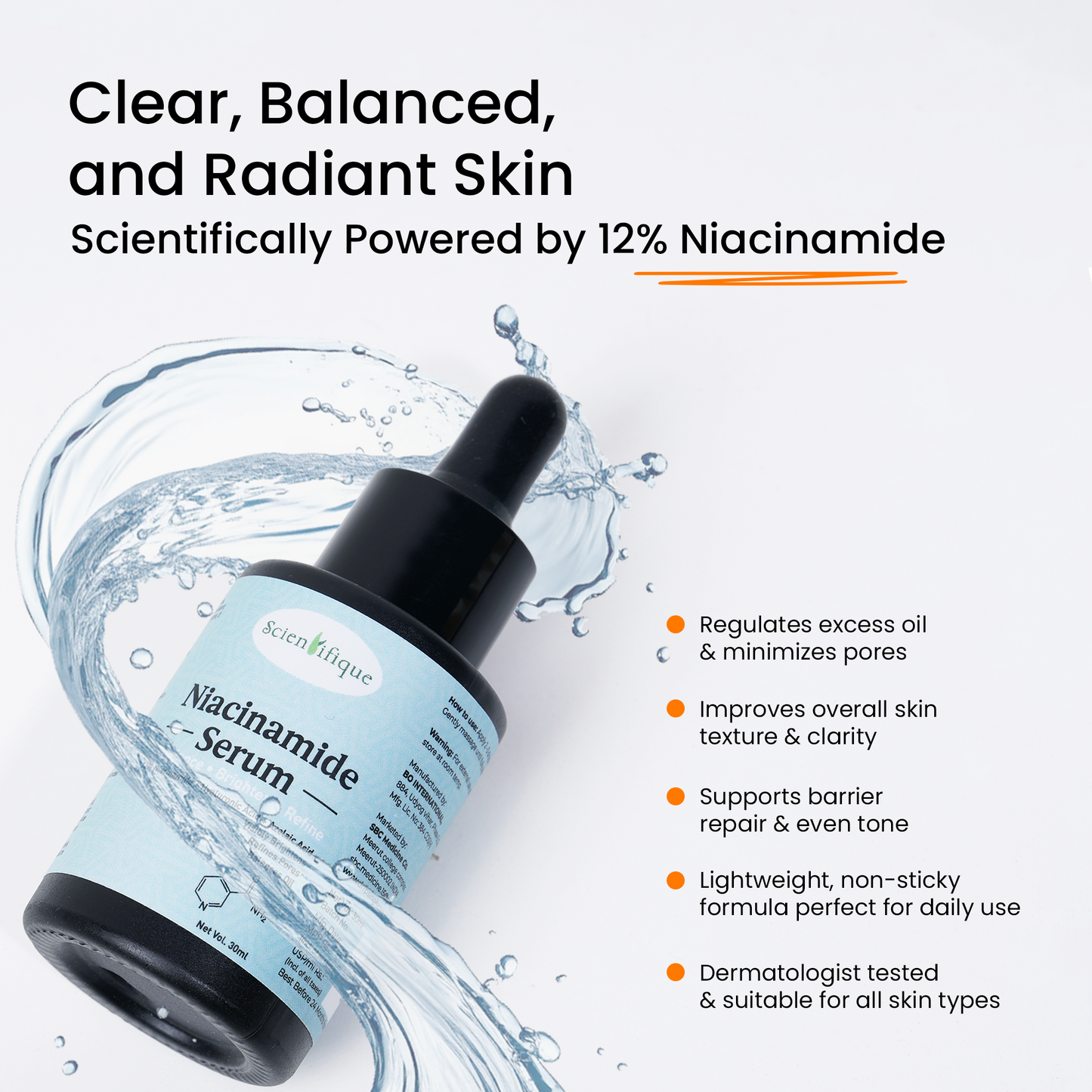 Scientifique 12% Niacinamide Face serum with Azelaic acid, Hyaluronic Acid, Licorice, Aloe Vera & Green Tea | Controls excess oil, Brightening & Pore Refining | Non-Greasy Daily Serum for Men & Women – 30 ml